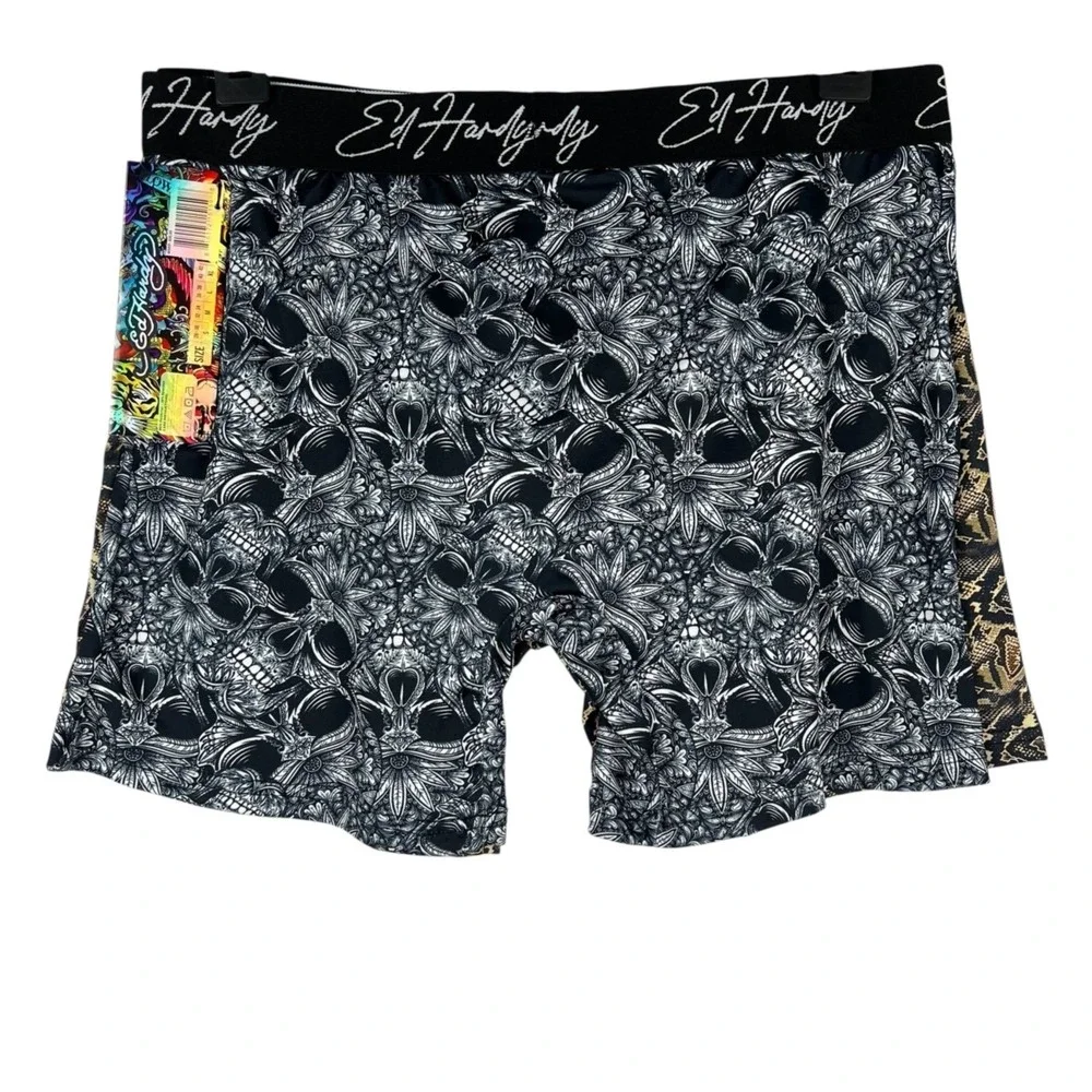 Ed Hardy Men's 2-Pack Brown Black Boxer Briefs Size Large Skull & Snake Skin NWT
